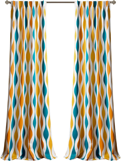 Mid Century Geo Room Darkening Window Curtain Panel Pair, 84 in X 52, Turquoise & Orange