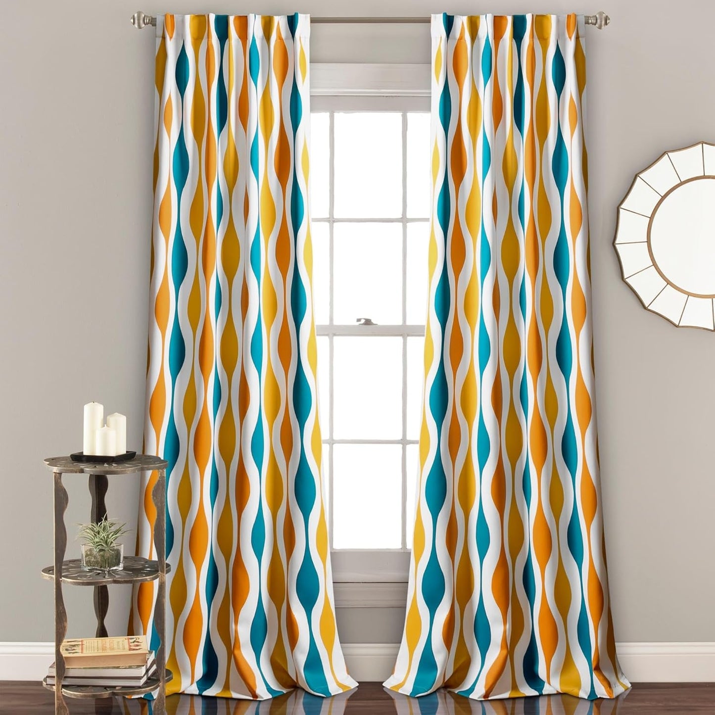Mid Century Geo Room Darkening Window Curtain Panel Pair, 84 in X 52, Turquoise & Orange