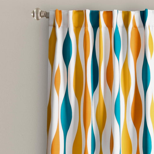 Mid Century Geo Room Darkening Window Curtain Panel Pair, 84 in X 52, Turquoise & Orange