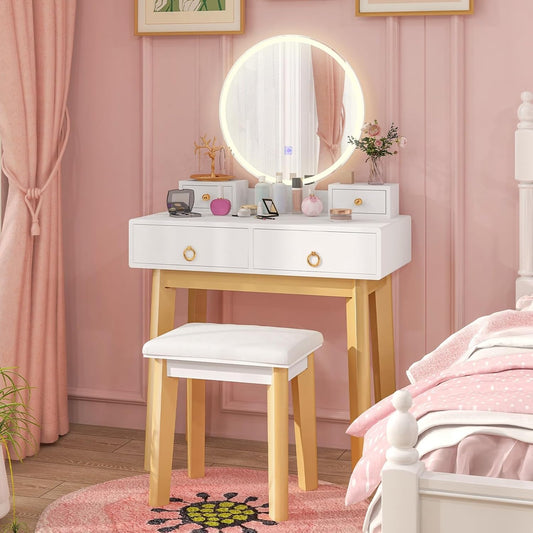 Vanity Set with Touch Screen Dimming Mirror, 3 Color Lighting Modes, Dressing Table with 4 Sliding Drawers, Modern Bedroom Makeup Table and Cushioned Stool Set for Women Girls (White)